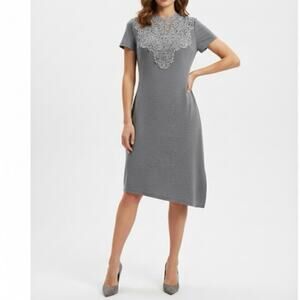 WLZD Lace Beaded Short Sleeve Asymmetrical Sheath Dress Gray Cotton Size M